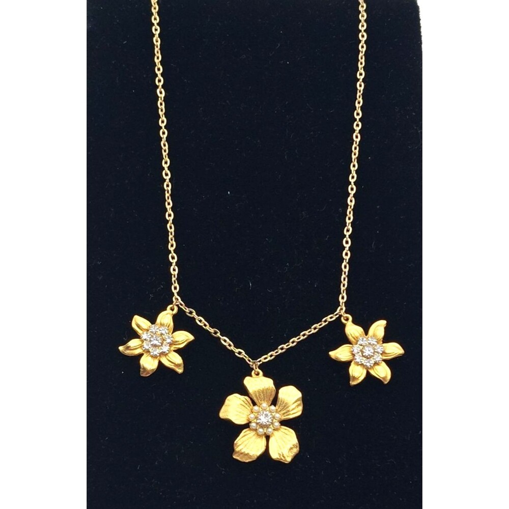 Vtg Jill Jacobson Gold Tone Rhinestone 3 Flower Necklace 16"